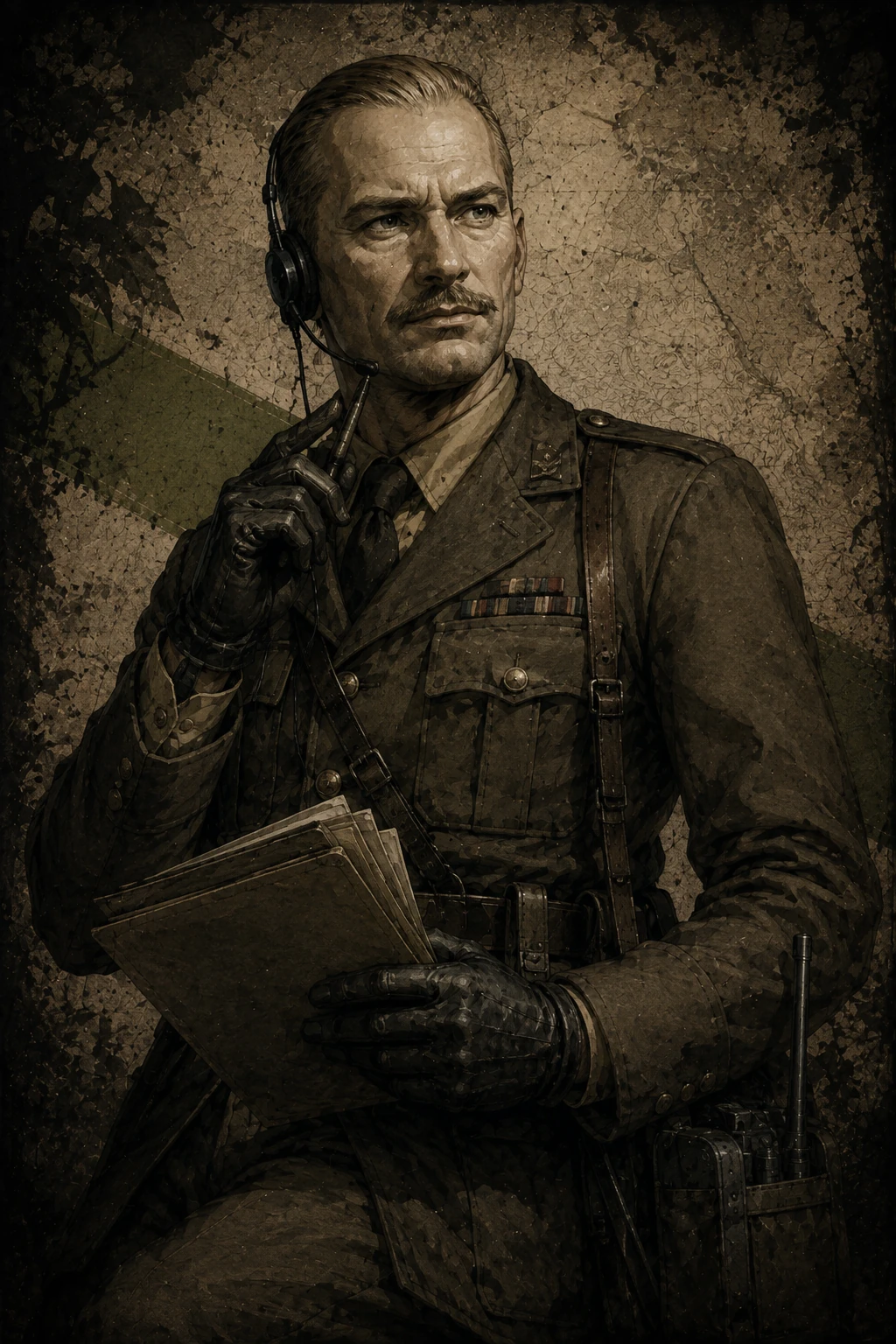 Retrato vertical del Mayor Zero con uniforme militar, bigote, auriculares de comunicación y documentos de operaciones.