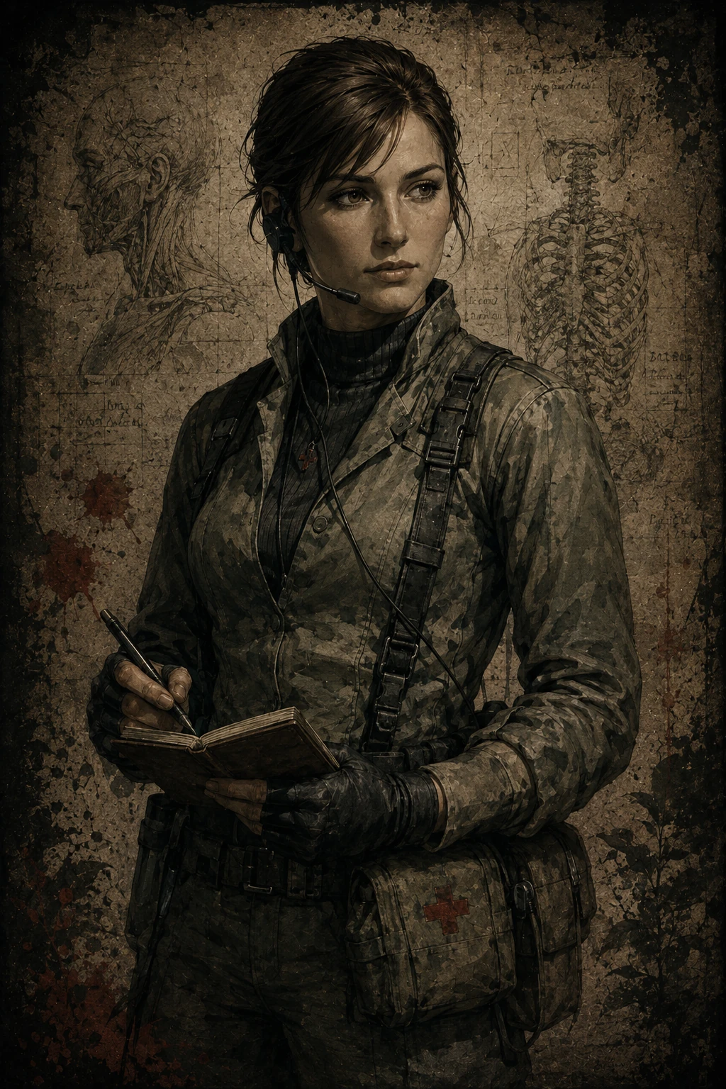 Retrato vertical de Para-Medic con uniforme de apoyo, auriculares de radio, libreta médica y bolsa de primeros auxilios.