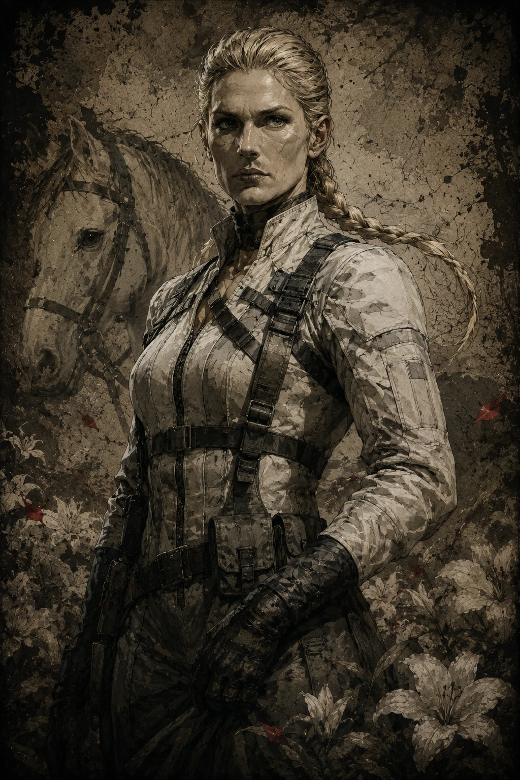 Retrato vertical de The Boss con traje de combate blanco, cabello rubio recogido y un caballo blanco al fondo entre lirios.