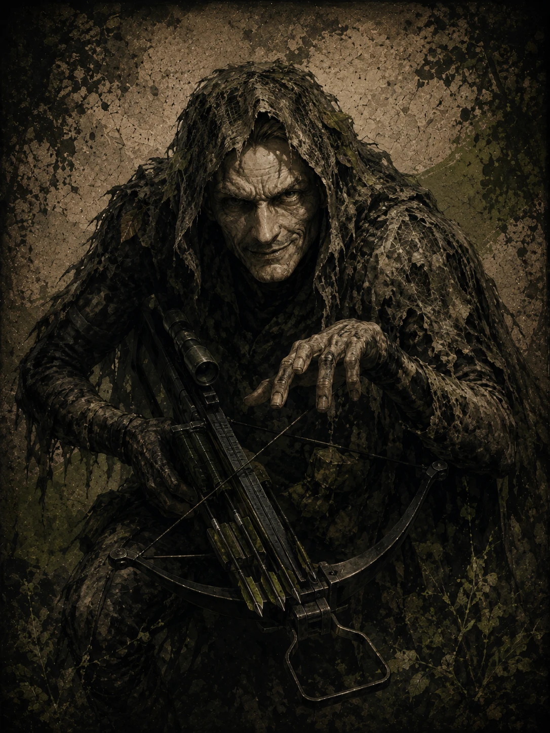 Retrato vertical de The Fear con camuflaje de selva, postura arácnida y una ballesta cargada con dardos verdes.