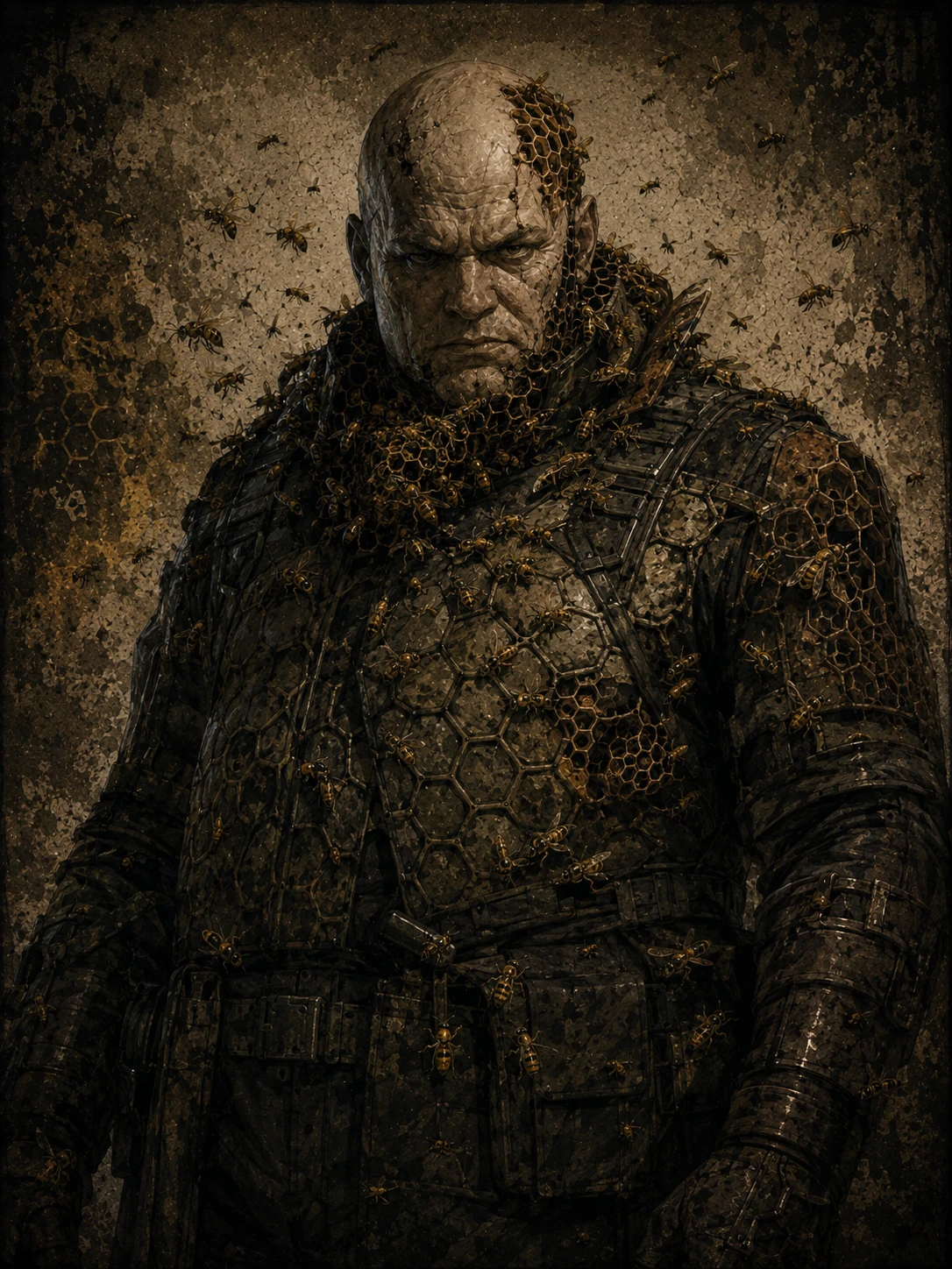 Retrato vertical de The Pain, soldado corpulento cubierto por abejas y estructuras de panal sobre un fondo militar oscuro.